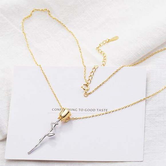NEW 925 Sterling Silver Two  Tone Rose Necklace A5 - Picture 6 of 7